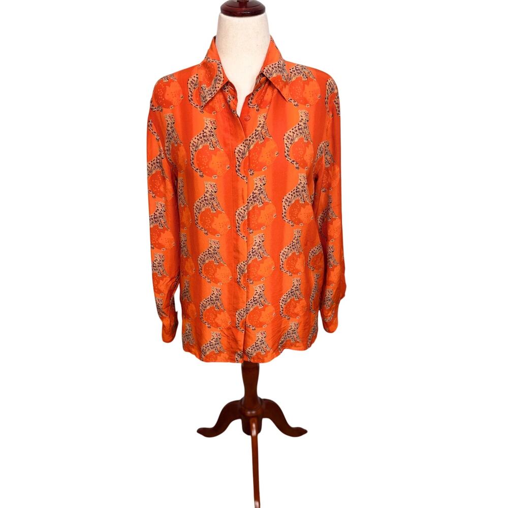 Vintage Piano 100% silk button down shirt orange big jaguar print sz S